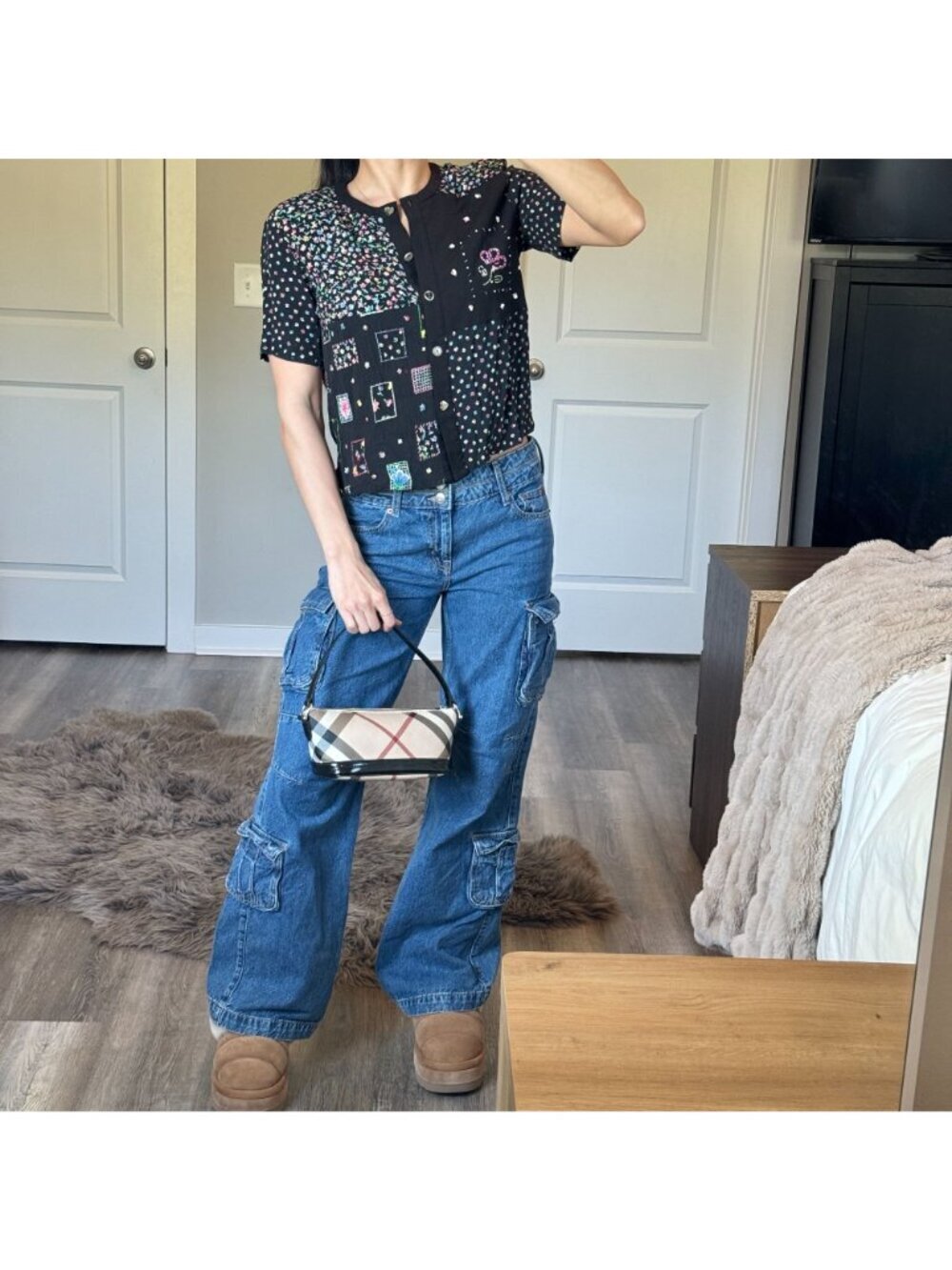 Y2K Floral Beaded Patchwork Cottagecore Button Blouse Grandma Chic Rayon Shirt - Picture 3 of 9